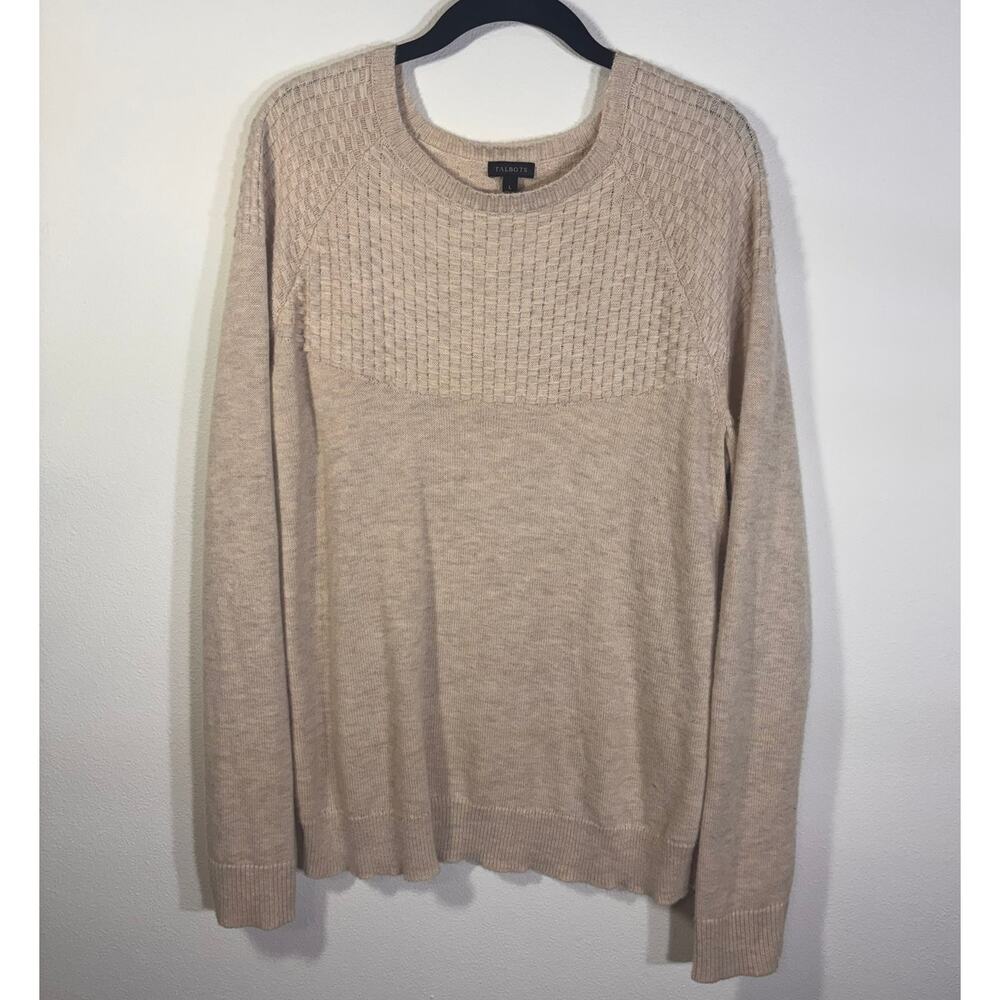 Talbots Beige Textured Knit Sweater Crewneck Lambswool Blend Size L